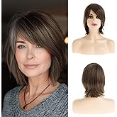 Sallcks Short Brown Bob with Bangs Grey Brown Natural Straight Synthetic Wig for White Women