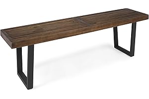 Great Deal Furniture JOA Patio Dining Bench, Acacia Wood with Iron Legs, Modern, Contemporary, Dark Brown and Black