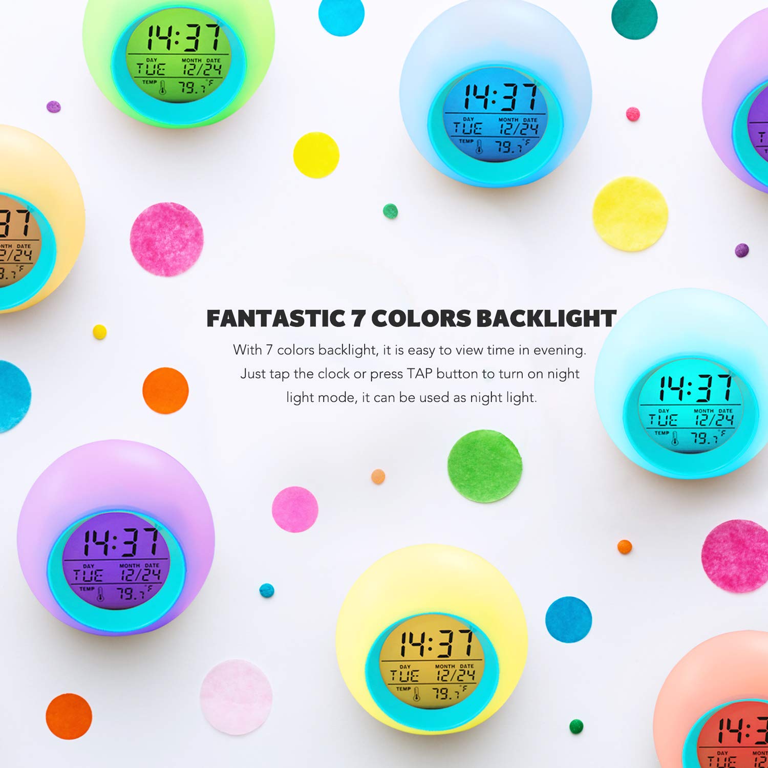 Syntrific Kids Alarm Clock 【2020 Version】，Digital Clock for Girls Boys Kids,7 Color Changing Light 8 Alarm Songs Clock with Indoor Temperature Touch Control Snooze for Bedroom,Bedside Desk Clock