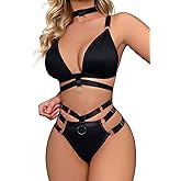Lilosy Sexy Wireless Choker O Ring Linked Strappy Harness Lingerie Set Outfits 3 Piece