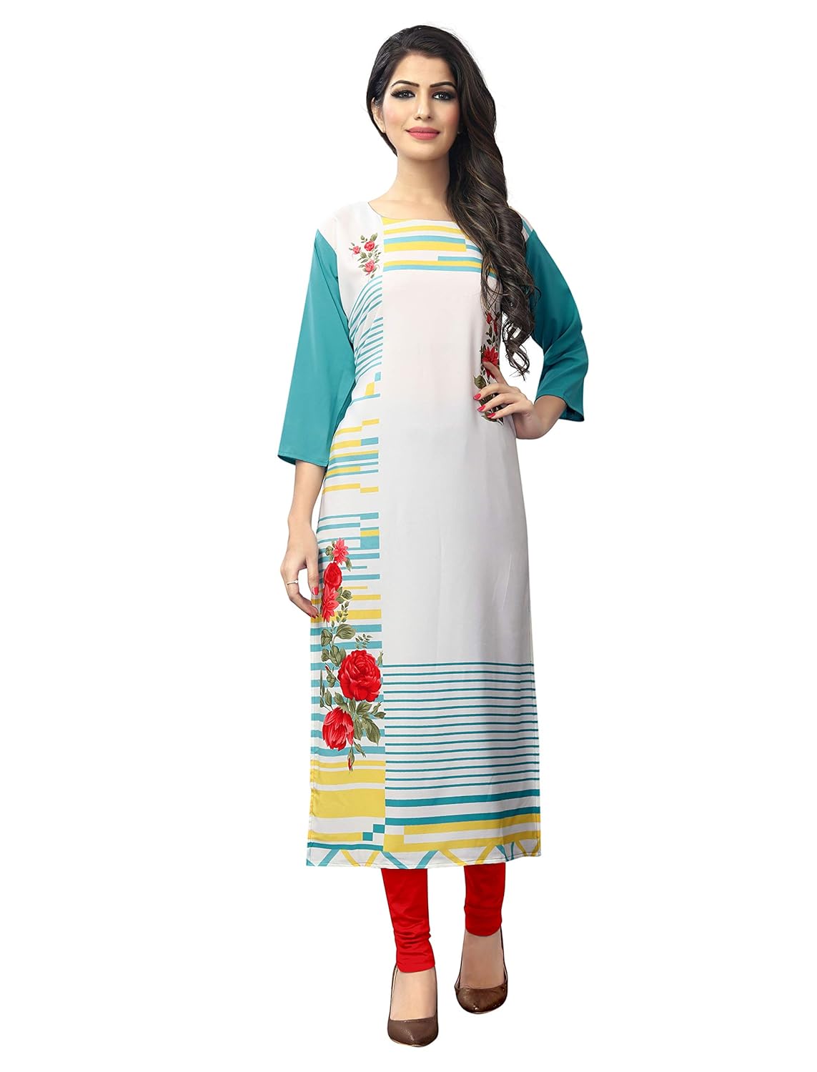 1 stop fashion women's white-blue coloured crepe knee long w style kurtas/kurti