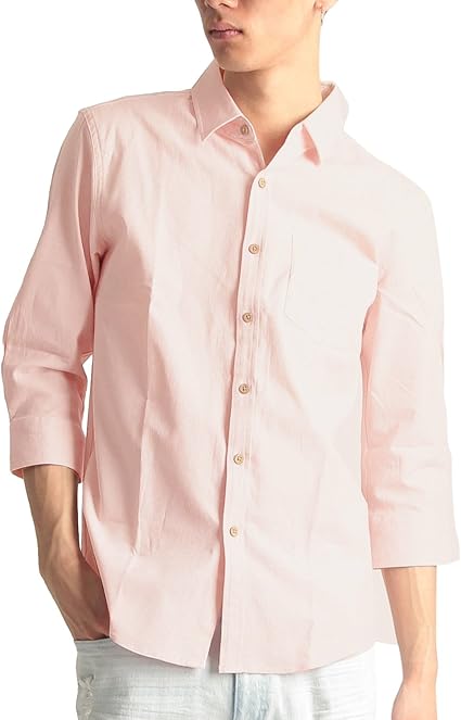 Amazon 7分袖 綿麻 パナマシャツ リネンシャツ メンズ Mens カジュアル ストリート リゾート 春 夏 Mサイズ ピンク 7分袖 シャツ 通販