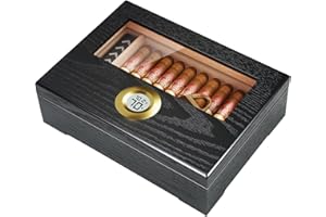 Puffaland Cigar Humidor Box, Cigar Case Desktop Box Cedar Wood Cigar Box Gift for 20-25 Cigars with Glass Top and Digital Hygrometer,Black