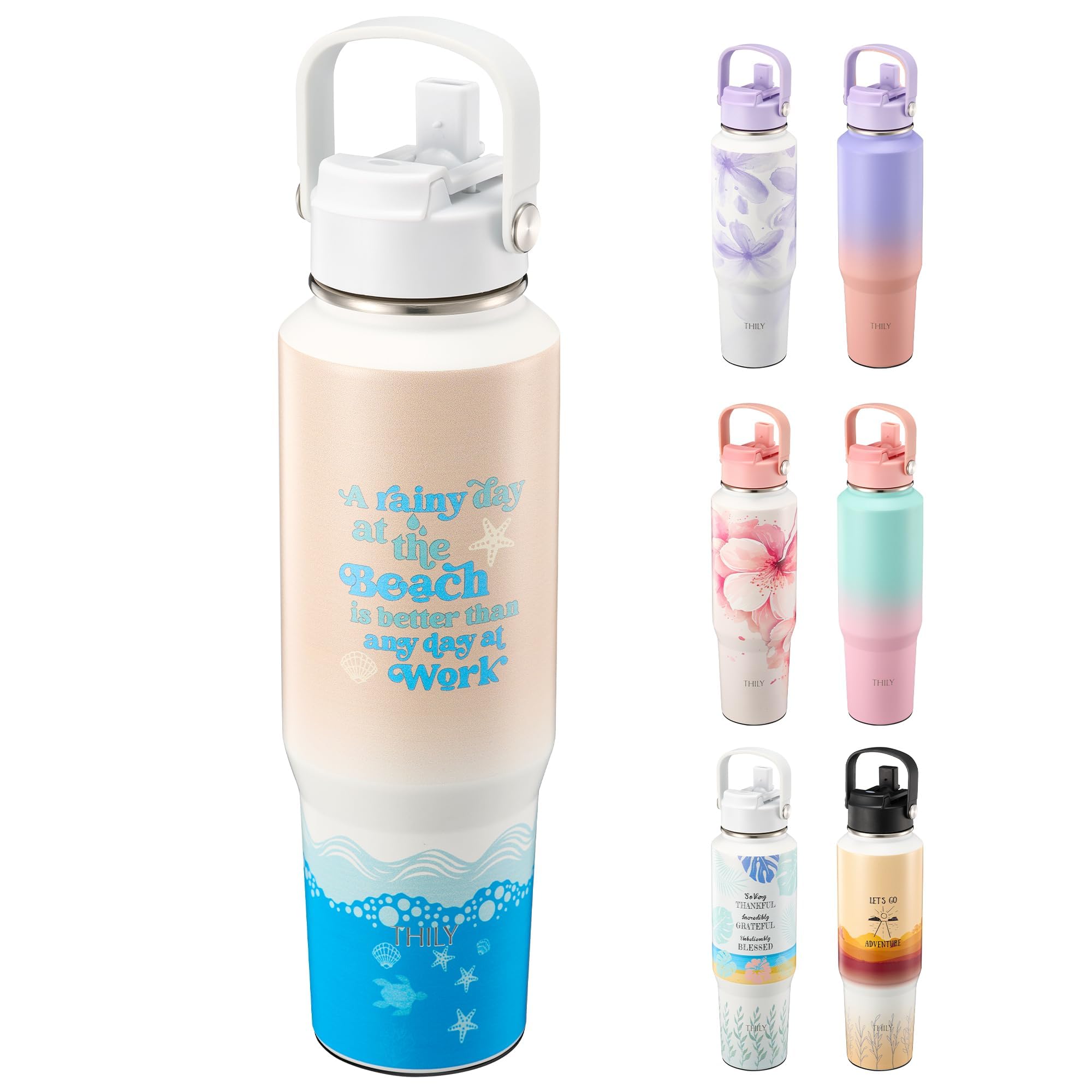 THILY Vacuum Insulated Stainless Steel Sport Water Bottle with lid and Straw, 40 oz Wide Mouth Double Wall Leakproof Travel Tumbler, Keep Drinks Cold or Hot All Day, BPA Free, Beach