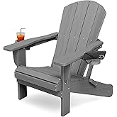 KINGYES Folding Adirondack Chair with Dual Cup Holders - HDPE All-Weather Outdoor Chairs, Wood-Like Patio Chair for Backyard, Camping, Pool & Fire Pit, Grey
