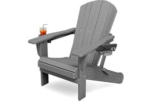KINGYES Folding Adirondack Chair with Dual Cup Holders - HDPE All-Weather Outdoor Chairs, Wood-Like Patio Chair for Backyard, Camping, Pool & Fire Pit, Grey