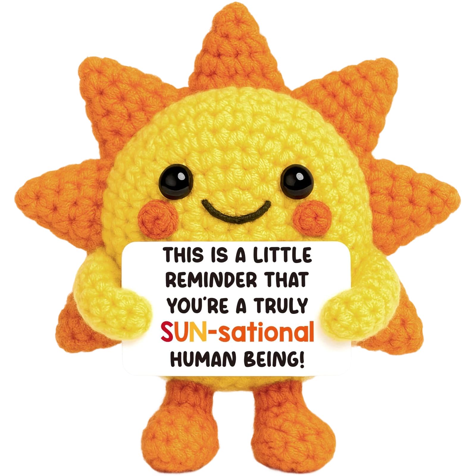 Emotional Support Gift, Mini Funny Positive Crochet Sun with Positive Affirmation Cards, Cute Handmade Emotional Support Plush for Home Office Desk Decor, Good Luck Gifts for Family Friend Colleague
