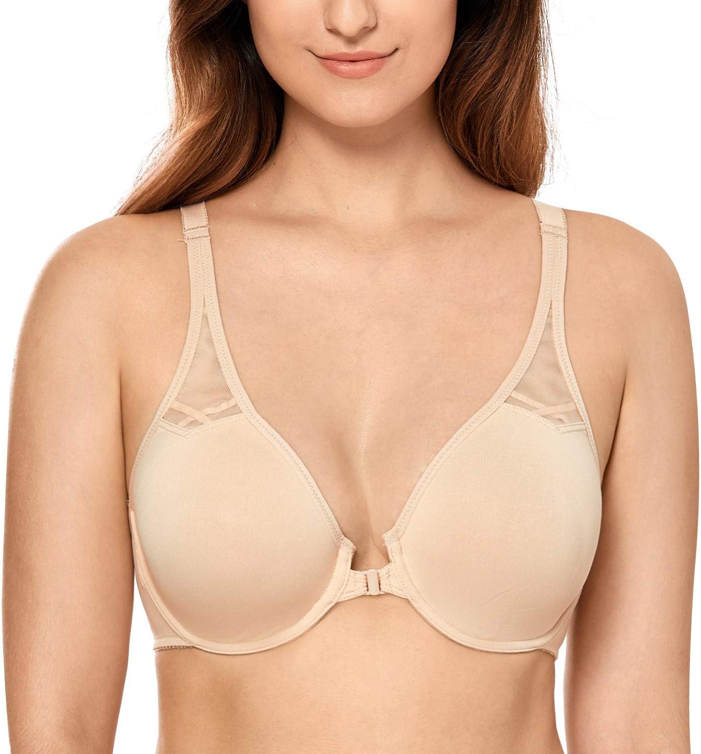 CALVENA Women's Full Figure Unlined Seamless Comfort Underwire Racerback Front Closure Bra