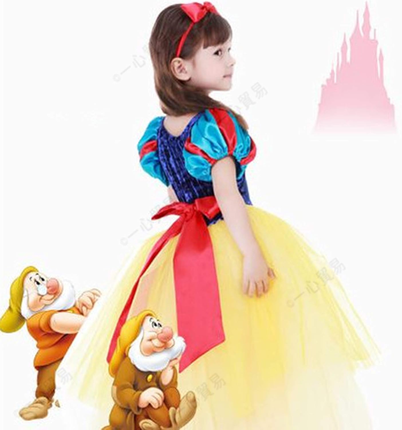 Amazon 映える ディズニー 白雪姫風 プリンセスドレス 子供用 ハロウィン 衣装 コスプレ ふんわり 6層構造 ドレス マント カチューシャ 3点セット 110 キッズコスチューム ホビー