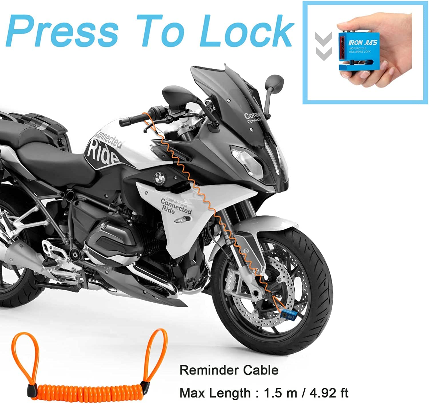 Motorcycle Disc Lock Anti-Theft Wheel Brake Lock Waterproof Alloy with Reminder Cable and 2 Keys, Alarm-Free for Motorbike, E-Scooter, Mountain Bike