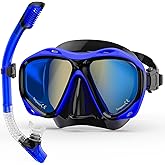 MELUMILU Snorkeling Gear for Adults, Dry Snorkel Mask Set Blue Electroplated 180° Panoramic Wide View Anti-Fog Scuba Diving Mask Goggles, Professional Snorkel Gear for Adults Swimming, Diving