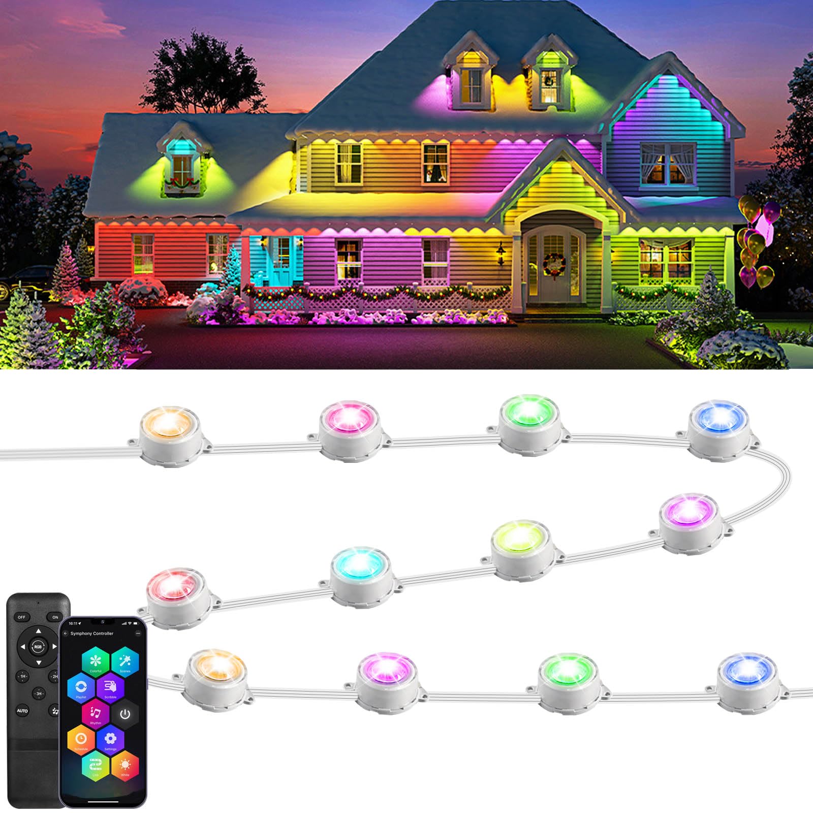 WIFI Permanent Outdoor Lights 15M,RGB Smart IC Outdoor Christmas Lights with Scene Modes Waterproof 36 LED Eaves Lights,Work with Alexa/Google Assistant,Outdoor Lighting for House Festival Deck Daily
