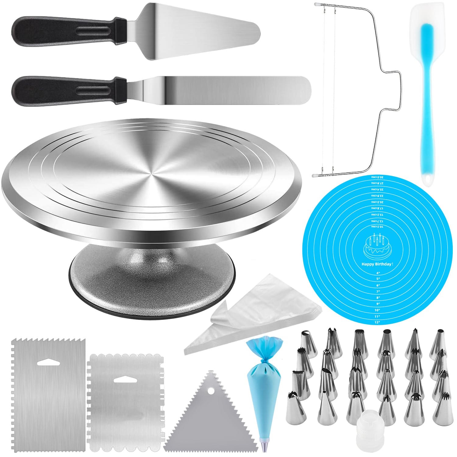 Photo 1 of 12 Inch Aluminium Rotating Cake Stand Turntable, Cake Decorating Kit Supplies with Icing Piping Tips, Frosting Spatulas, Pastry Bags, Scrapers and Other Cake Decorating Tools (85Pcs)