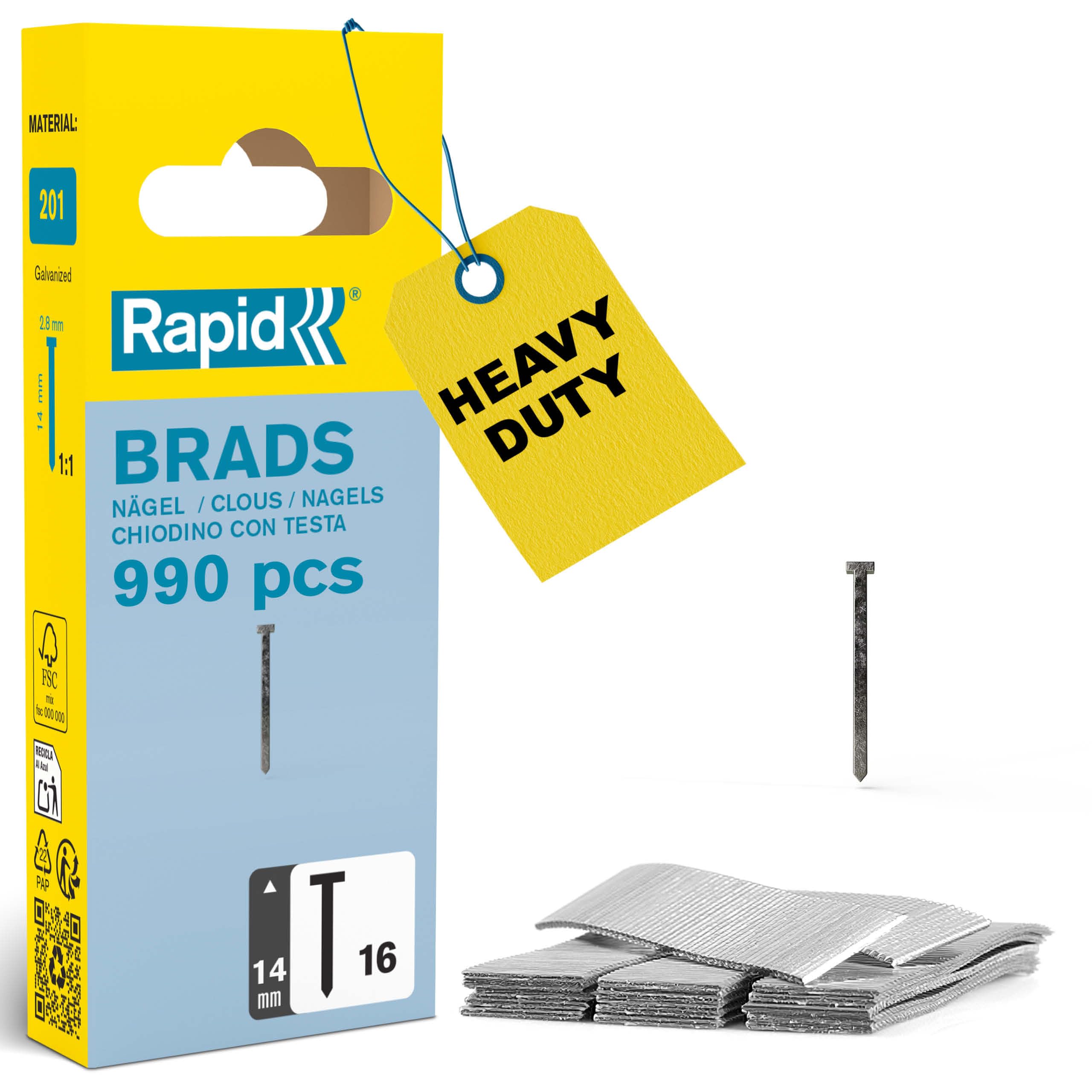 Rapid High Performance No.16 Galvanised Steel Brad Nails, Wire Length: 14 mm, 40109554 - 990 Pieces