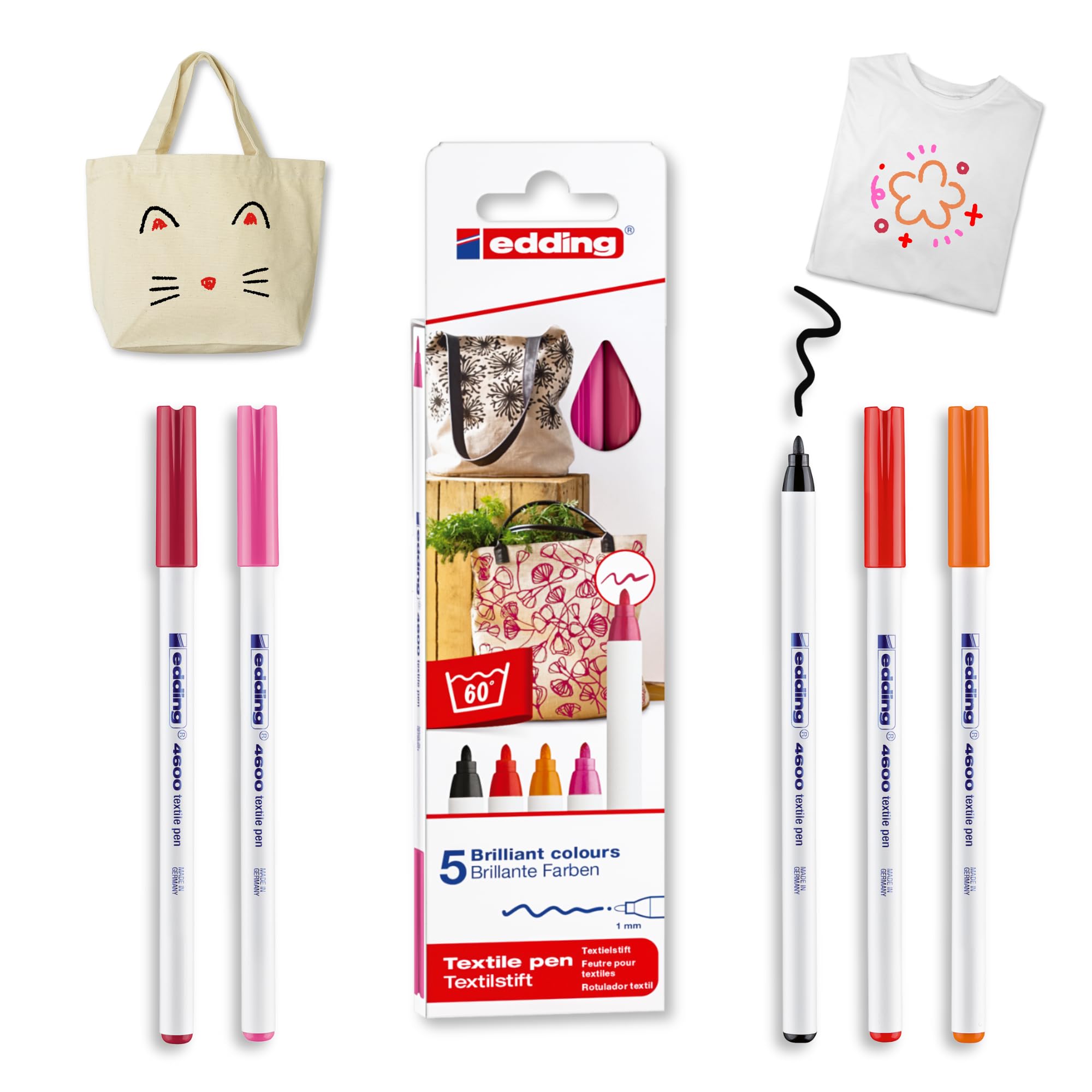 edding 4600 textile pen - black, red, orange, pink, carmine red - set of 5 - round nib 1 mm - permanent fabric pens for drawing on textiles, wash-resistant up to 60 °C - fabric pen