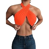 Mokoru Women's Sexy Sleeveless Halter Criss Cross Tank Crop Tops Self Tie Backless Cami