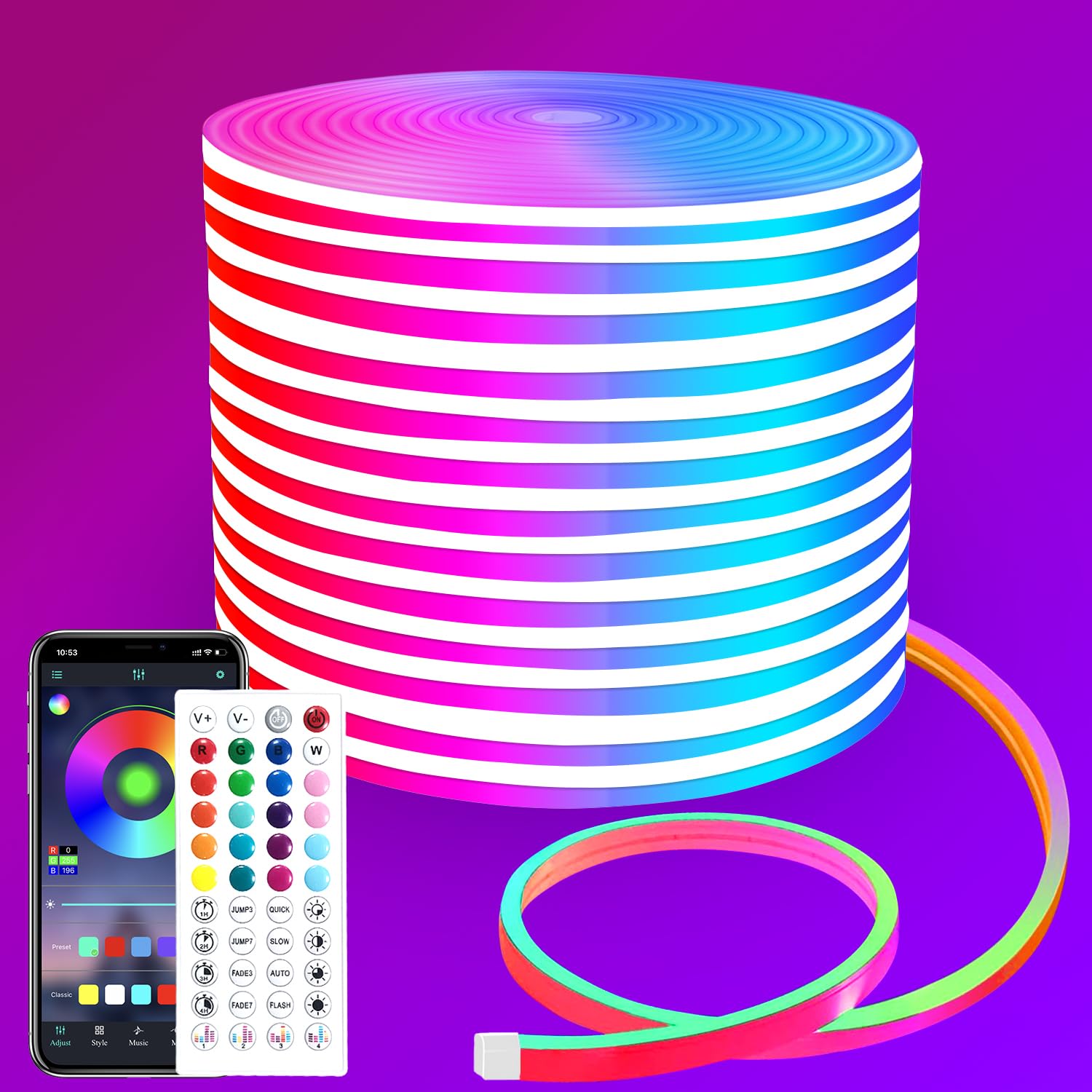 segrass 15M LED neon Lights Strip 24v RGB LED neon Rope with Remote/APP Control, IP65 Waterproof Flexible Neon LED Strip Lights for Bedroom,Room,Outdoors Decor