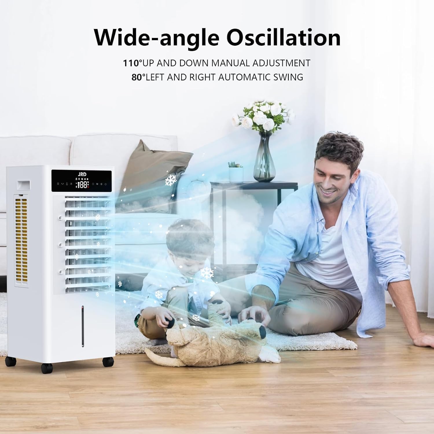 JRD Portable Air Conditioner, Portable Evaporative Air Cooler with Remote, 12H Timer, 4 Ice Pack, 2.4Gal Tank, 4 Mode&3 Speed, Mist Function, Swamp Cooler Cooling Fan for Bedroom Home Office Garage