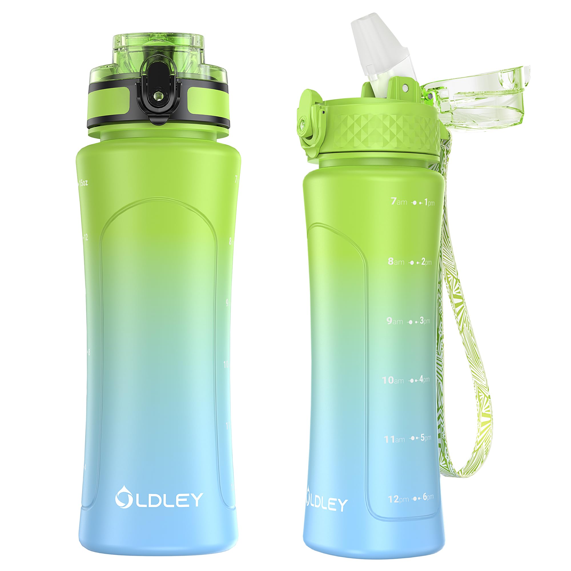 OLDLEY 450ml/15oz Water Bottle with Straw 2 Lids Reusable Drink Bottles with Times Markings for School Home Camping Outdoor Sports BPA Free Leakproof Durable — image 1