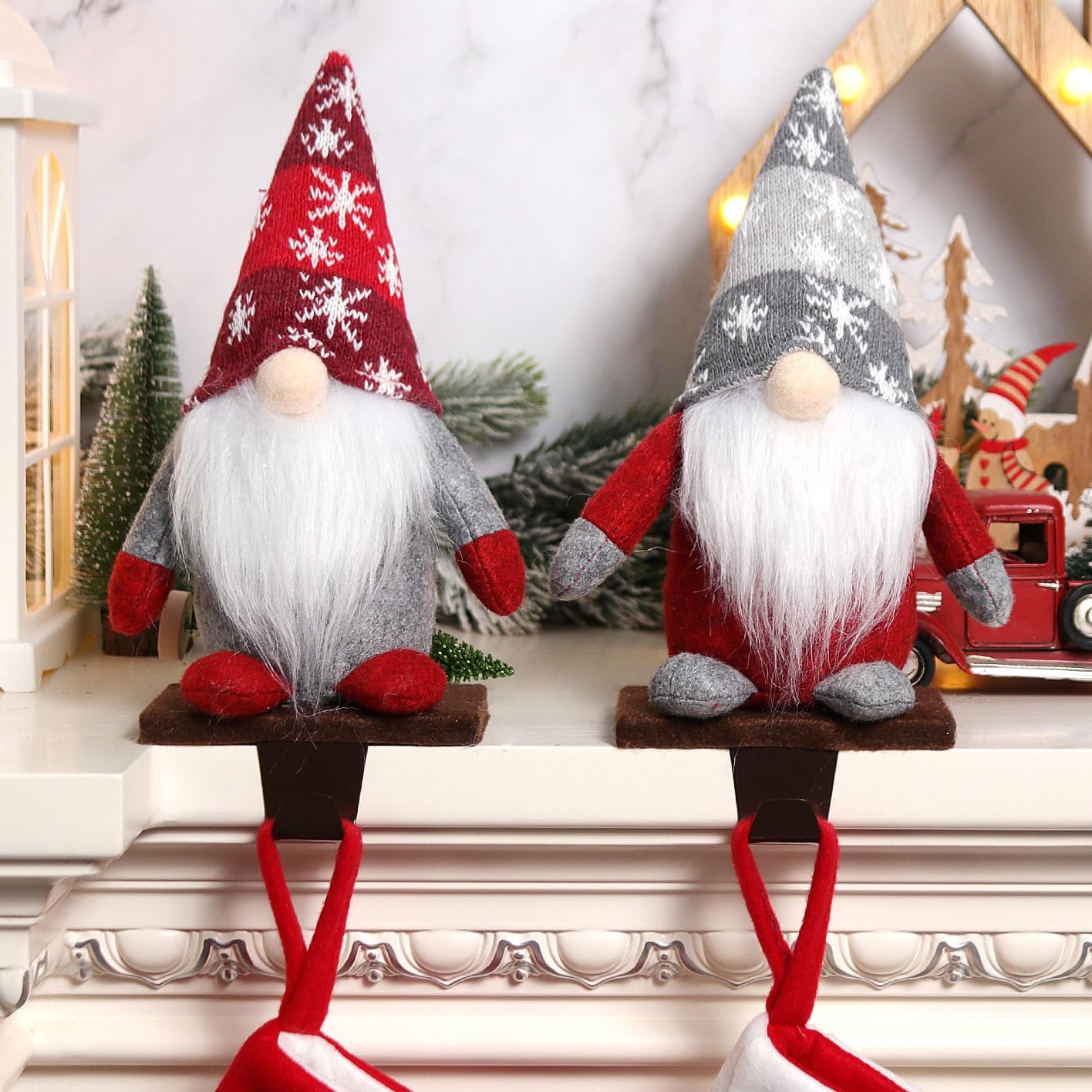 Stockings & Holders - S-DEAL Christmas Gnome Stocking Holders, Xmas Stocking Hook Hangers for Mantle Fireplace Decorations Set of 2