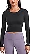 CRZ YOGA Seamless Ribbed Double Lined Long Sleeve Crop Tops for Women Crew Neck Athletic Workout Basic Cropped Fitted Shirts