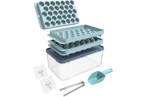 BEGIALO Ice Cube Tray, Round Ice Trays for Freezer with Lid and Bin, Circle Ice Mold Making 66 x 1.0IN Small Ice Balls,Sphere Ice Makers with Ice Buckets Tongs & Scoop (Blue)
