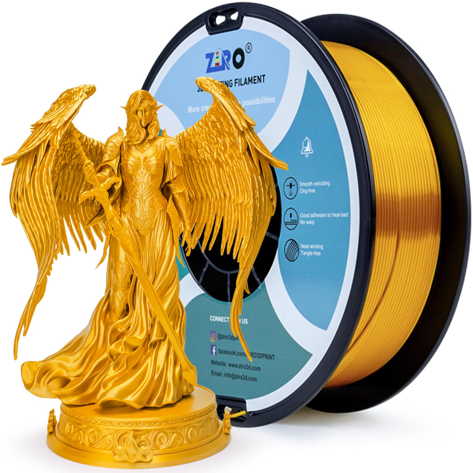 ZIRO PLA Silk Filament 1.75mm, 3D Printer Filament PLA Silky Series 1.75mm 1KG(2.2lbs), Dimensional Accuracy +/- 0.03mm, Gold