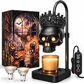Skull Candle Warmer Lamp with Timer and Dimmer for Gothic Halloween Decor | Gothic Candle Warmer Lamp, Adjustable Height, 4 Dimming Levels, 2 Bulbs Included, Black Gothic Home Decor, Halloween Gifts