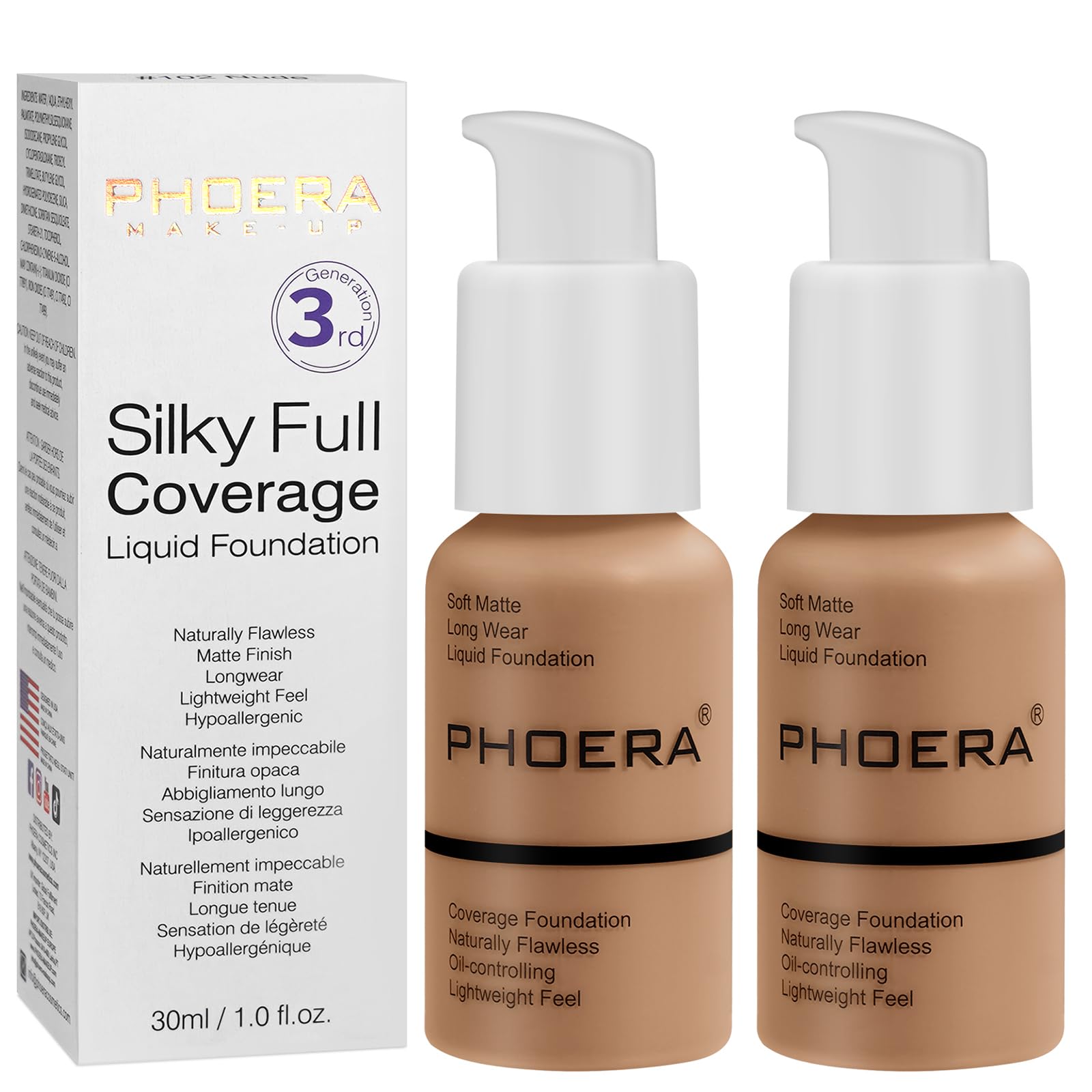 PHOERA Matte Liquid Foundation & Full Coverage Concealer, 30ml 24HR Matte Oil Control (2pcs - Warm Sun) — image 1