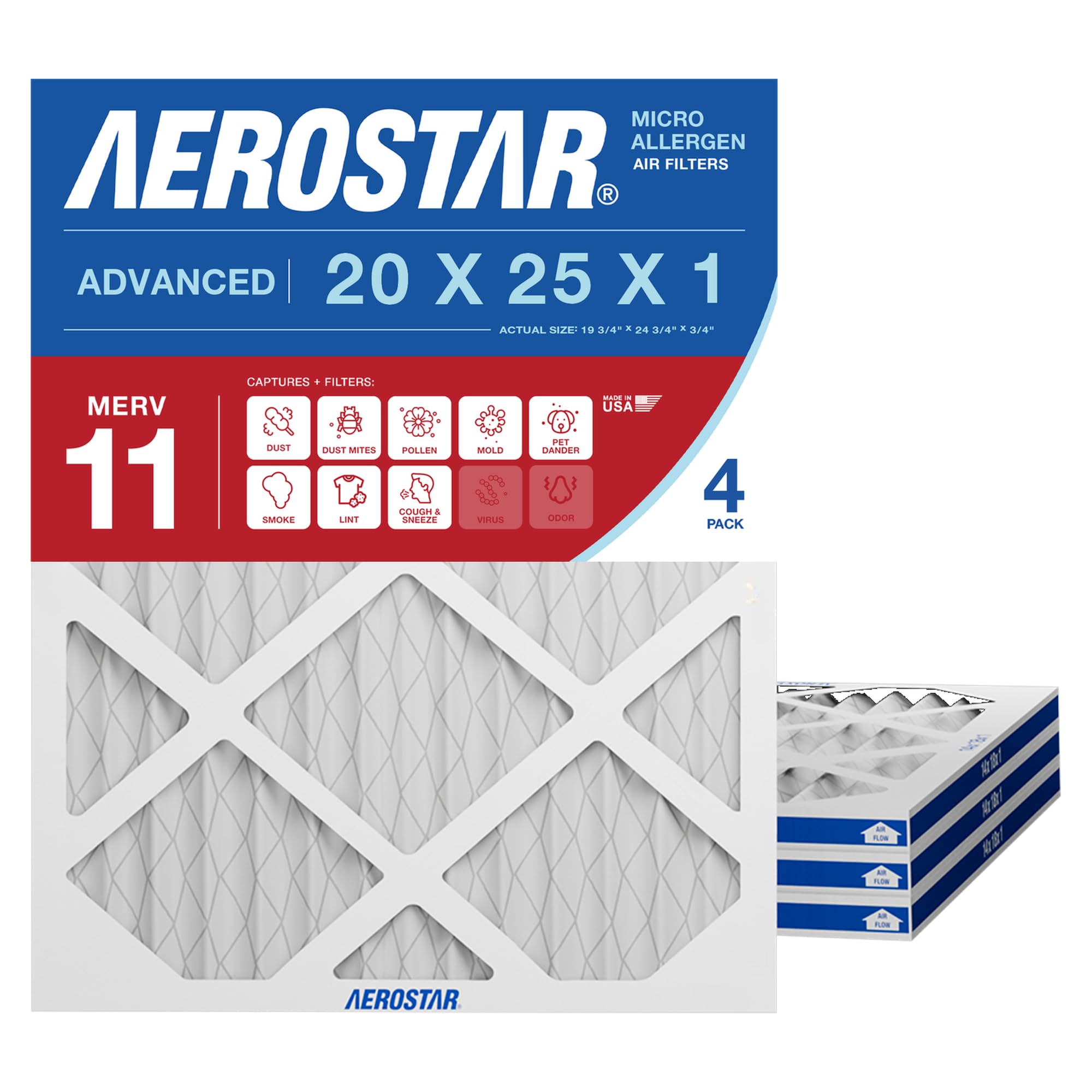 Aerostar 20x25x1 MERV 11 Air Filter, 4 Count, ACTUAL SIZE (19.75 x 24.75 x 0.75), HVAC, Air Conditioning & Furnace Filter for Dust, Pet Dander, Smoke & Allergies (MPR 1200 / FPR 7), Made in USA Image
