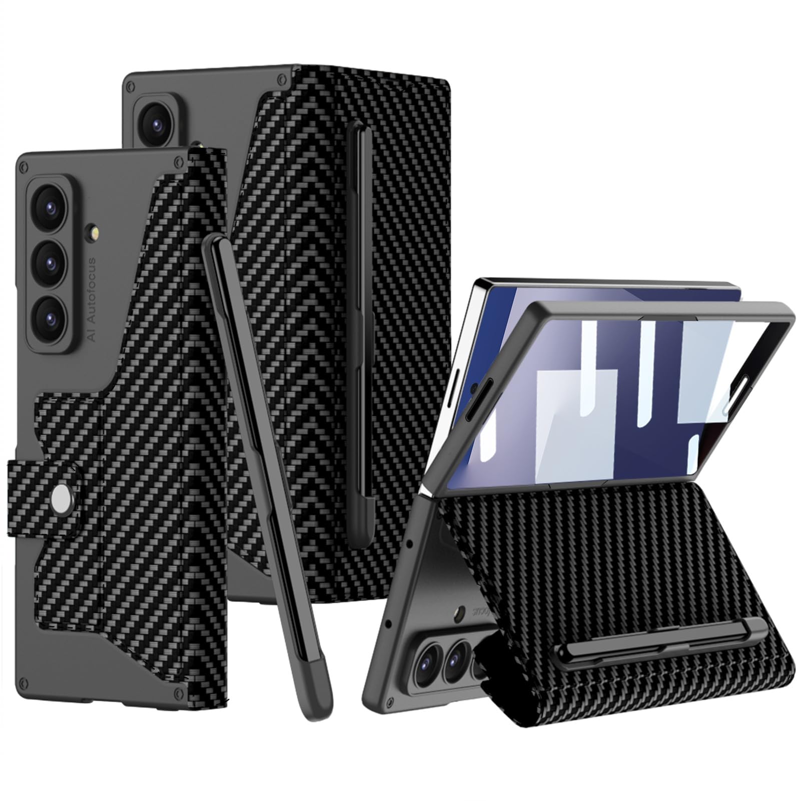 Photo 1 of DEMCERT for Samsung Galaxy Z Fold 7 Case with [ Pen ], Armor Full Body Protective [Removable Pen Slot], Anti-Scratch Hard Slim Leather Bracket Case with Screen Protector (Carbon Fibre)