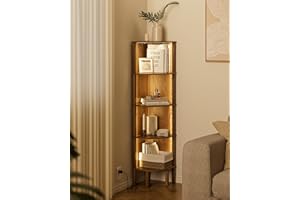 Acodaiuy Corner Shelf, 5 Tier Corner Bookshelf with LED Light,Wall Display Corner Shelf Stand with Storage Rack for Living Room,Bedroom,Office,Walnut