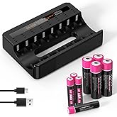 BOANV Rechargeable AA Batteries & AAA Batteries and 8 Slot High-Speed Battery Charger for NiMH NiCD Battery with LED Light,4 