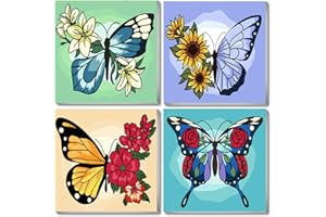 ajepon 4 Pack Paint by Numbers Kit for Kids with Wooden Frame-Butterflies Paint by Number for Kids,Flowers Kids Paint by Number Kits Age 5-8,DIY Acrylic Oil Painting Kits for Home Wall Decor(8X8inch)