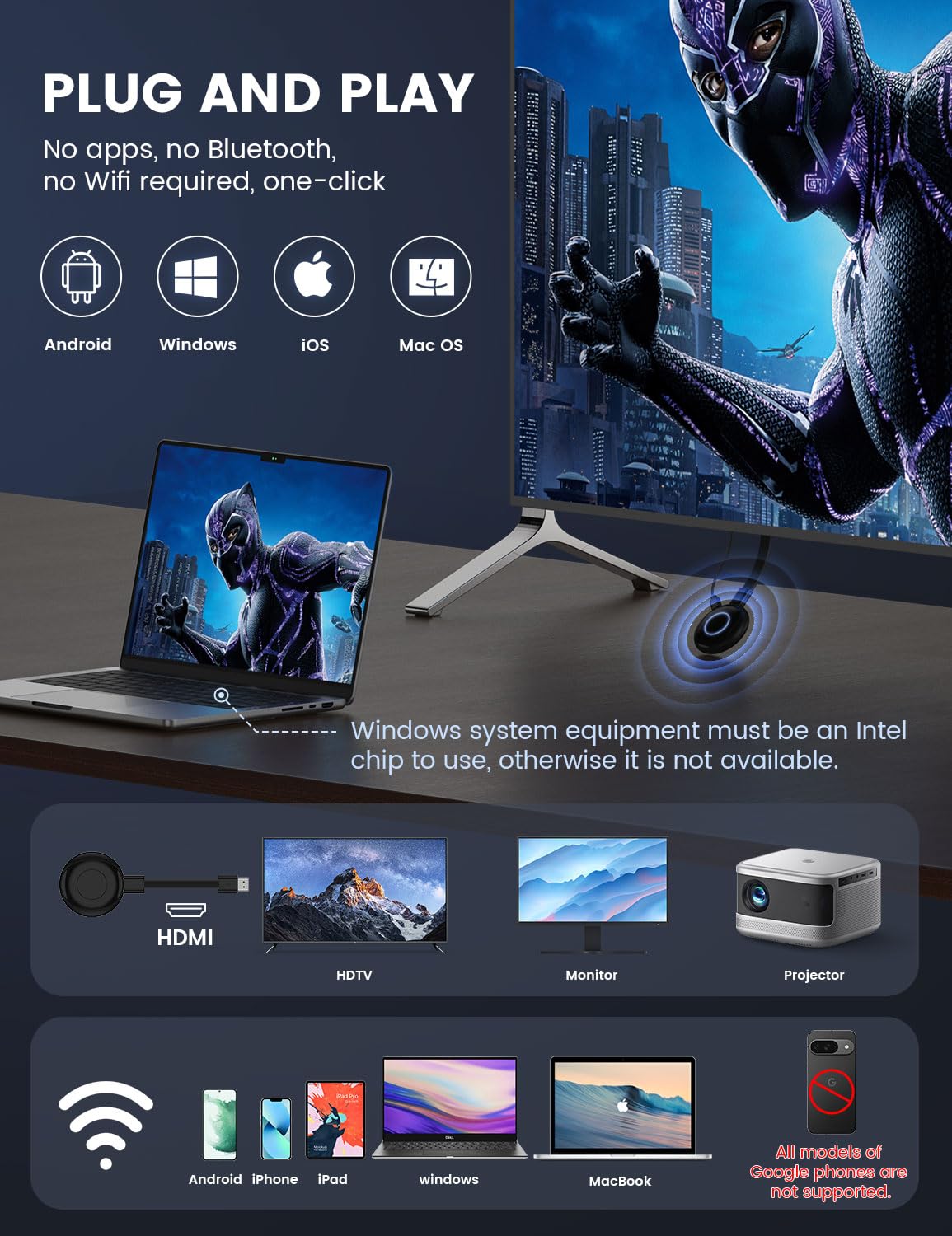 Wireless HDMI Display Dongle Adapter, One-Click Streaming Video/Audio/File from Smartphones and Laptops to HDTVs, Monitors, and Projectors, Supporting Airplay, DLNA and Miracast