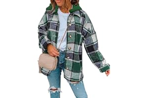 SHEWIN Womens Long Sleeve Button Down Plaid Shirts Flannel Hooded Shacket Jacket Hoodie Coats
