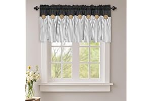 ASPMIZ Cotton Linen Kitchen Valance Curtains, Boho Rustic Button Linen Valances for Windows Farmhouse, Black with Grey Stripe Valance Window Topper Treatment Window Valances for Bathroom, 52 x 18 Inch