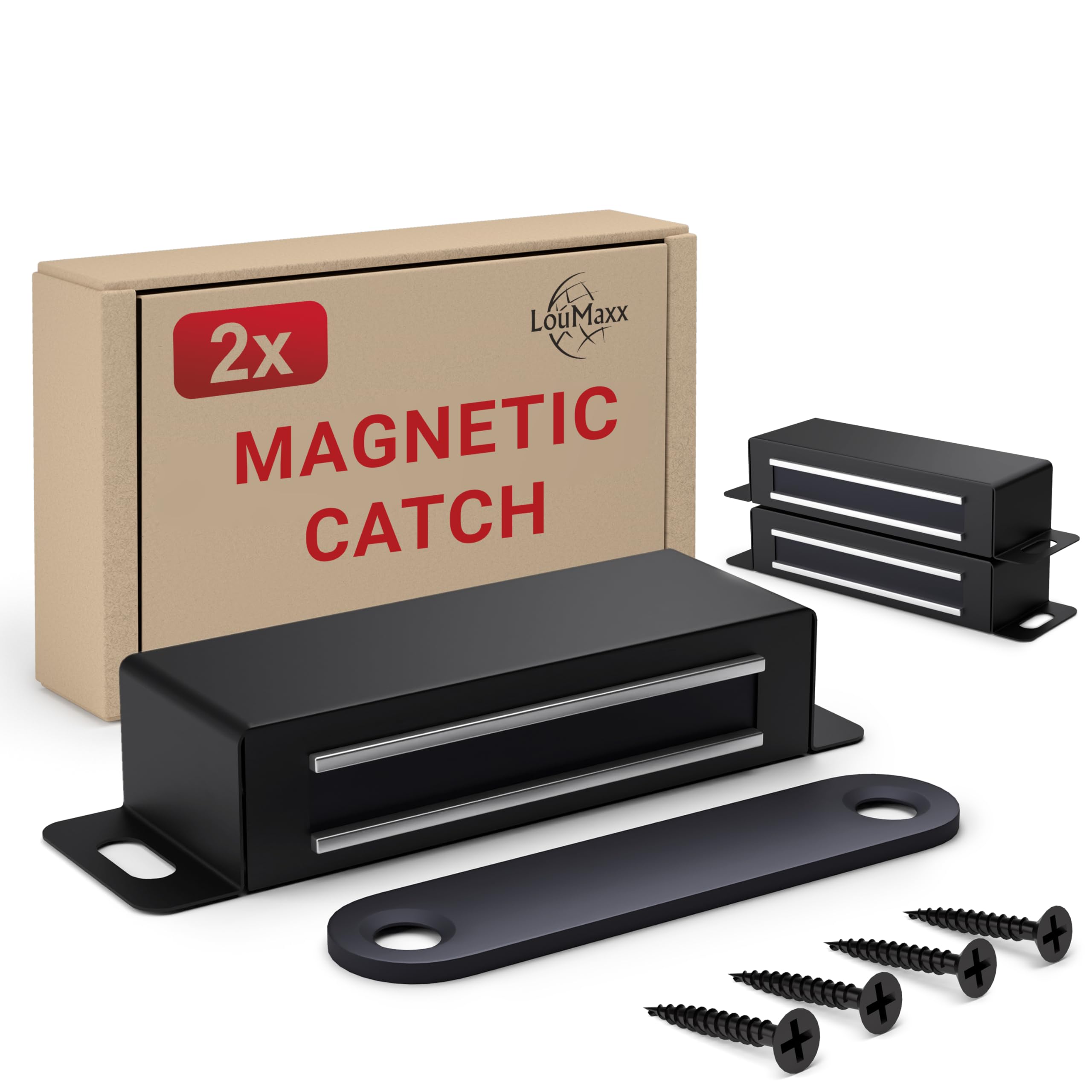 LouMaxx Magnetic Door Catch Strong – Holding Force 15kg – Set of 2 in Black Stainless Steel – Cabinet Magnets - Door Magnet - Door Magnetic Catch - Magnetic Cabinet Latch - Magnetic Door Latch