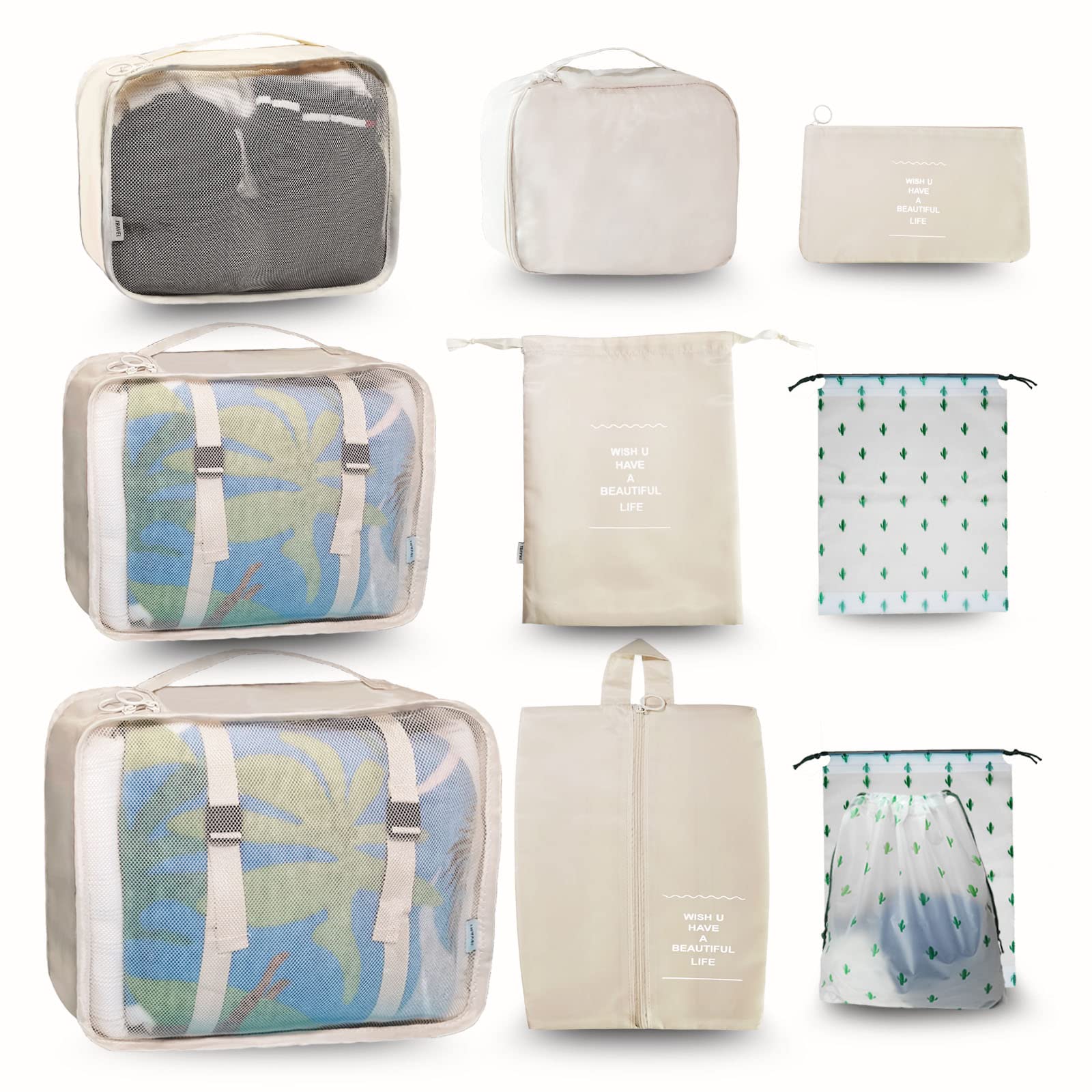 Packing Cubes for Suitcase, Travel Organiser Bags, Essential Travel Accessories Compression Storage for Clothes, Shoes, Cosmetics, Toiletries (10 Pack, Beige)