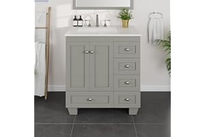 Eviva Acclaim 30 Inch Bathroom Vanity with Sink, Grey Bathroom Vanities W/Carrara Quartz Countertop, Undermount Porcelain Sink – Freestanding Single Bathroom Vanity with Sink Combo – Ideal for Home