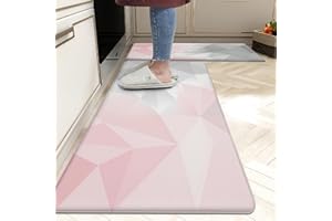chiinvent Pink Kitchen Rug Set of 2, Anti-Fatigue Pink and Grey Marble Kitchen Mat, Non-Slip Waterproof Comfort Standing PVC Kitchen Mats for Floor, Memory Foam Cushioned Rugs,17.3"x28"+17.3"x47"