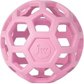 JW Pet HOL-ee Roller Dog Puzzle Ball, Medium 4.5in, Natural Rubber, Pink | Puzzle Ball Design Dog Toy for Interactive Play and Chasing Fun
