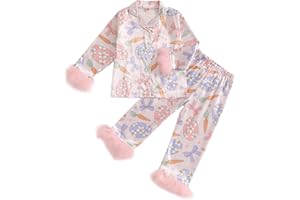 Fsadfeas Kids Girls Christmas Valentines Pajamas Cute Print Button Down Tops + Pants Toddler Satin Sleepwear Silk Pajama Set