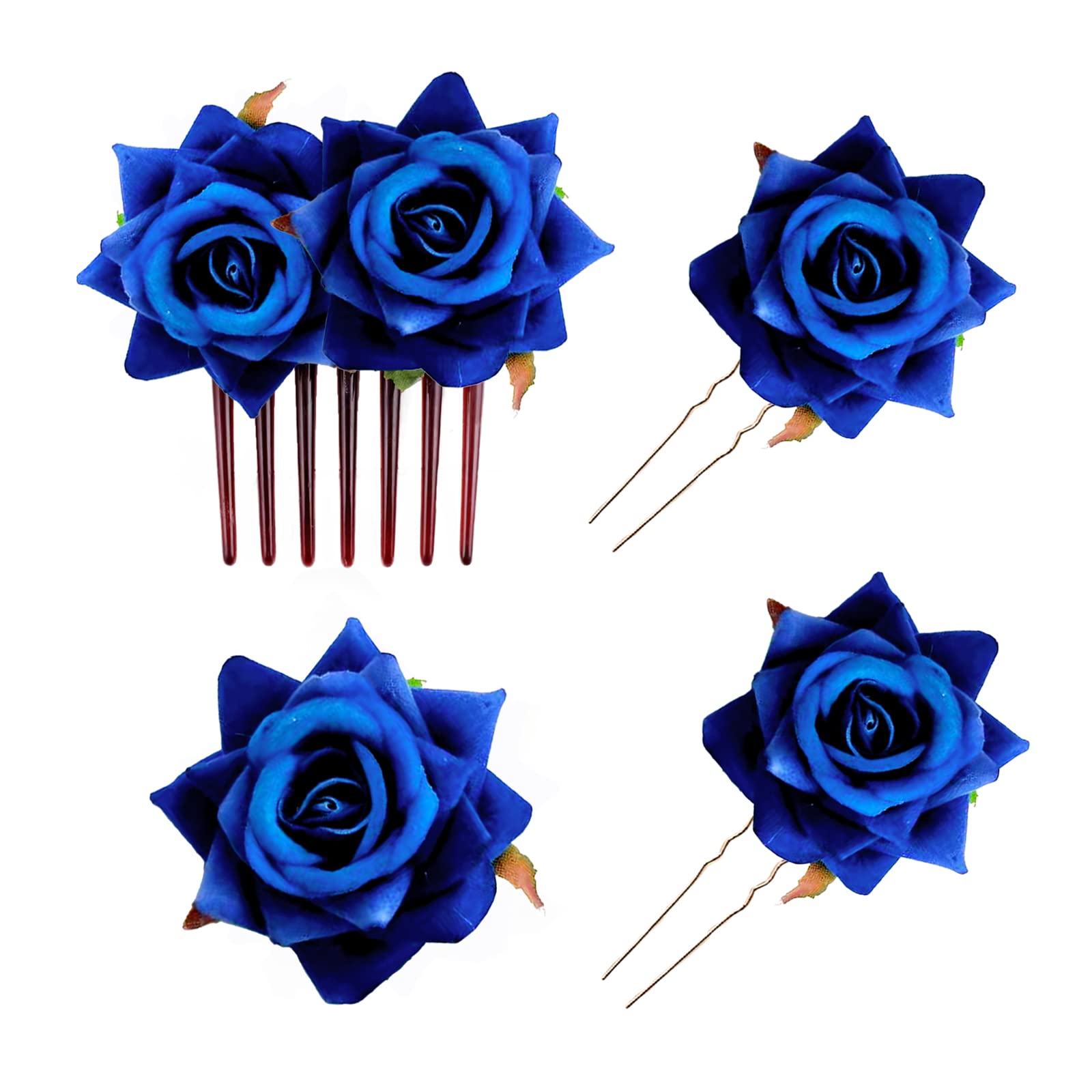 Navy Blue Rose Hair Clips - 4 Piece Wedding Rhinestone Flower Hairpins With U Shape Design - Floral Brooch for Women