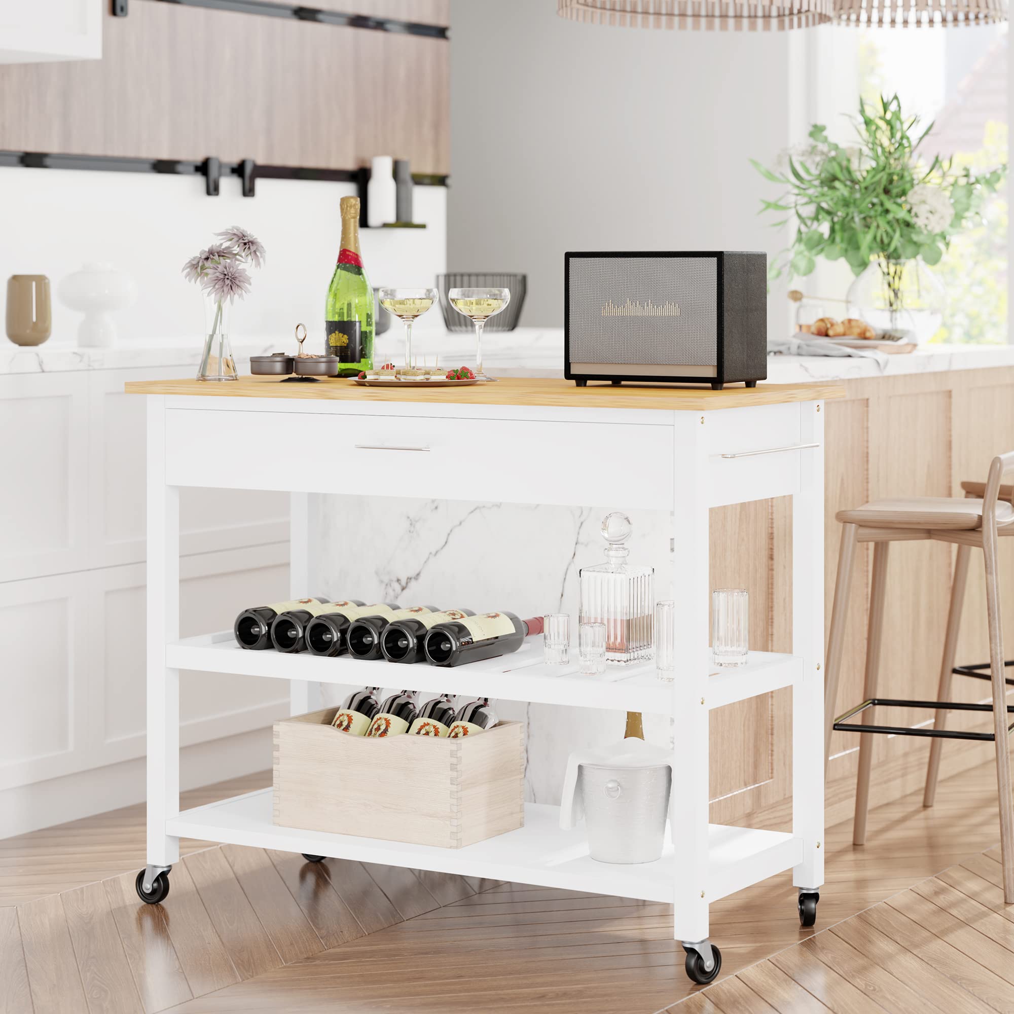Photo 1 of **PARTS ONLY** Shintenchi Kitchen Island Cart with Storage,Rolling Kitchen Island Side Table on Wheels with Large Worktop,Storage Cabinet,Towel Rack,Drawers and Open Shelves for Kitchen,Dinning Room,White