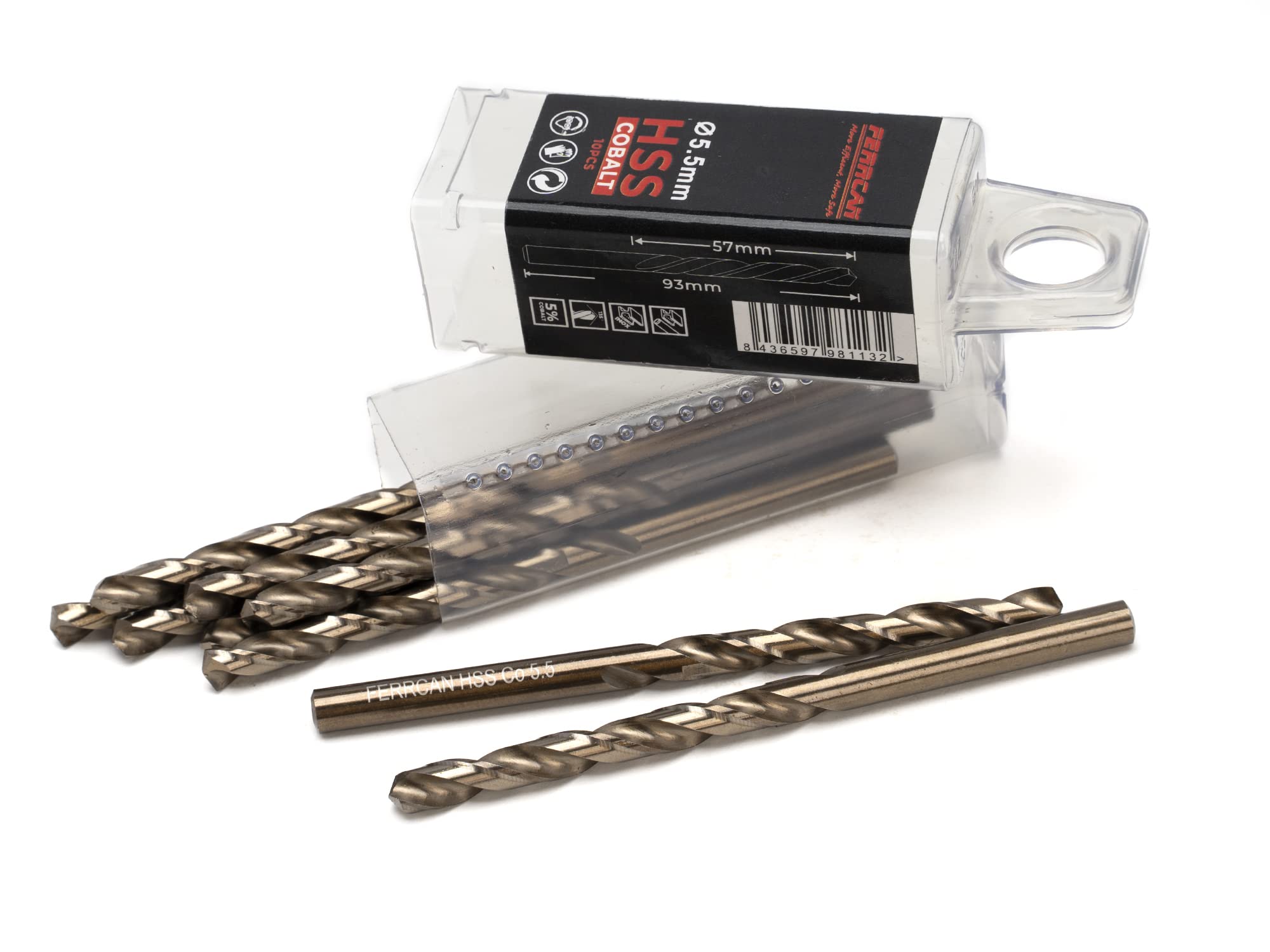 Ferrcan HSS DIN338 M35 5% Cobalt Metal Drill Bits for Drilling in Stainless Steel, Iron and Other Metals (Pack of 10 per Measure) (5.5mm)