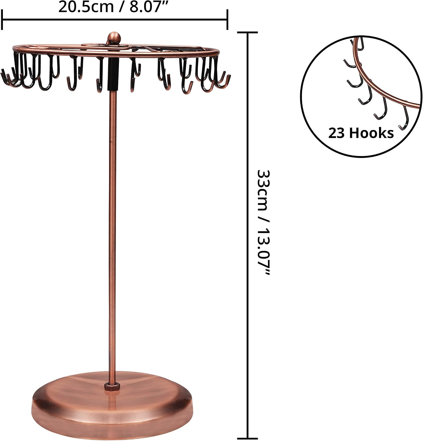 BELLE VOUS Copper Metal Rotating Jewellery Holder Display Stand (23 Hooks), H34.8 x W20.5cm / 13.70 x 8.07 Inches - Image 3