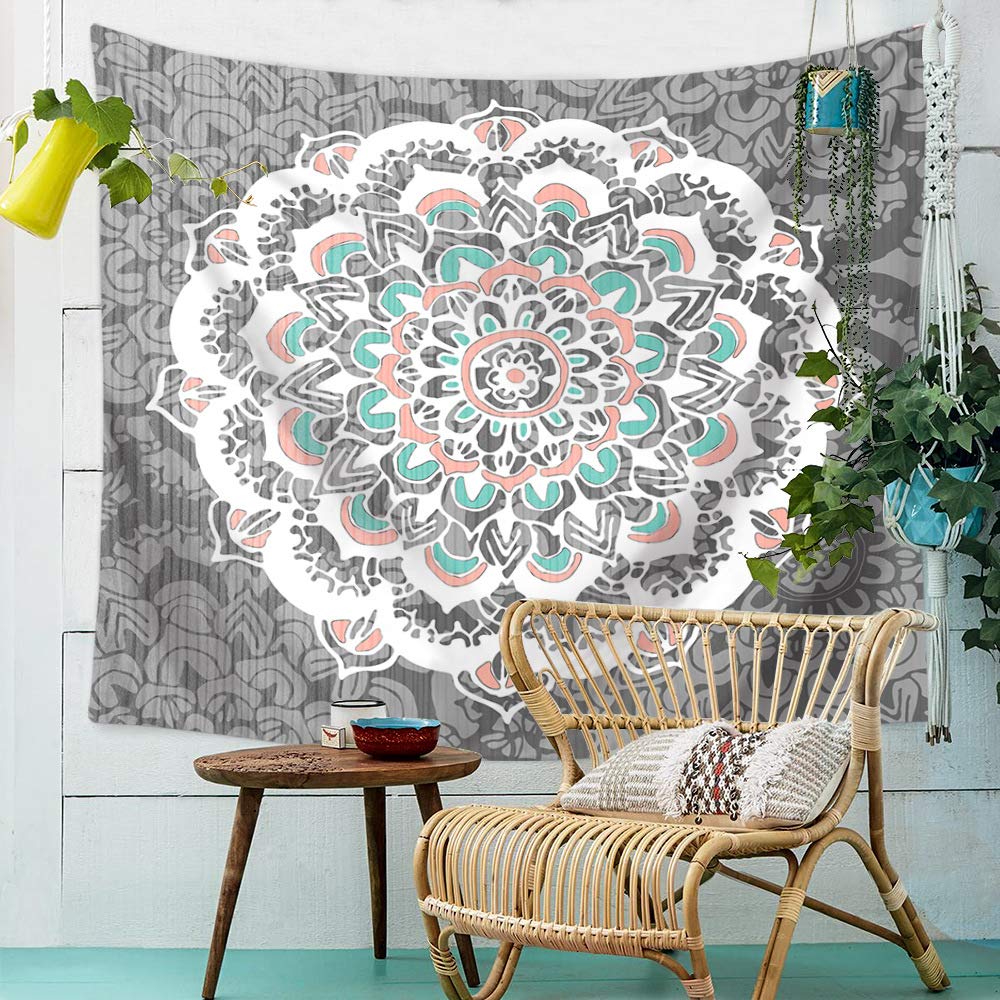 Blue Lotus Mandala Tapestry Wall Hanging Large Grey, Psychedelic Flower Bohemian Hippie Tapestries Wall Decor, 60x80