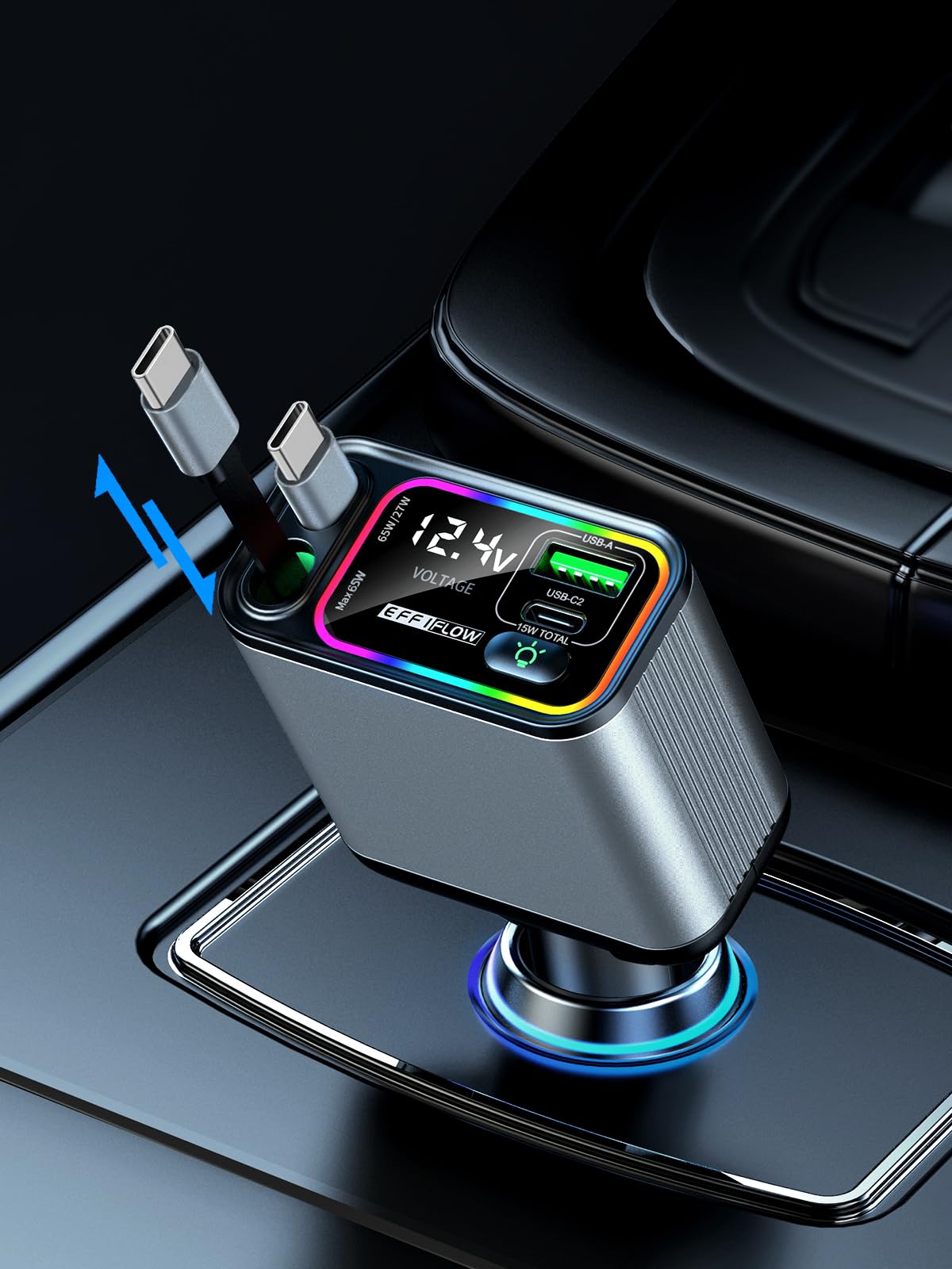 EFFIFLOW Dual Retractable Car Charger USB C, 145W Fast Charging Type C Car Charger with Retractable Cable, Compatible with iPhone 17/16/15/Air, Samsung S25/24/23/22, Pixel 9/8/7 - Grey