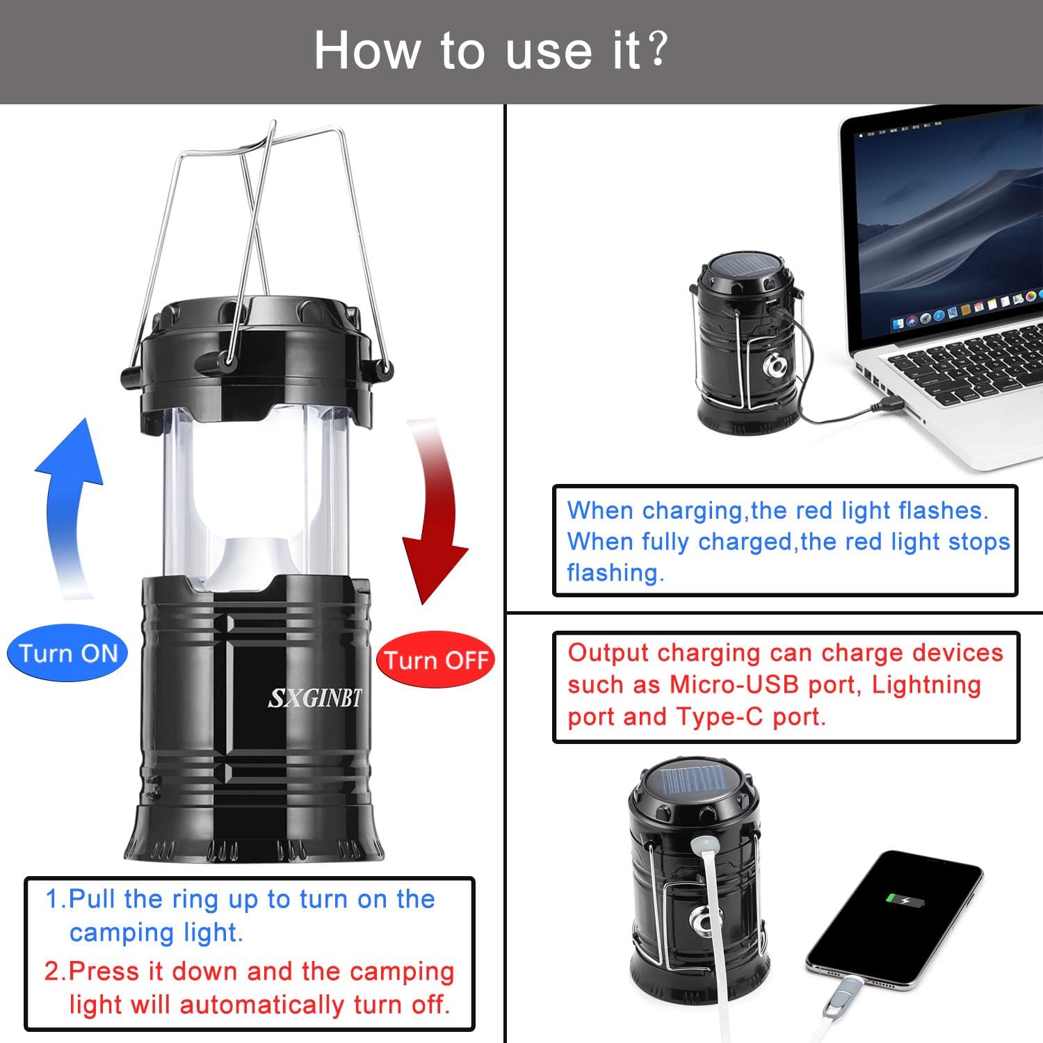 COB Lantern, Camping Solar Lanterns, SXGINBT 2-Pack Lantern Flashlights with Input/Output Port, USB Rechargeable Emergency Lighting for Hurricane/Earthquake/Power Outage - - 